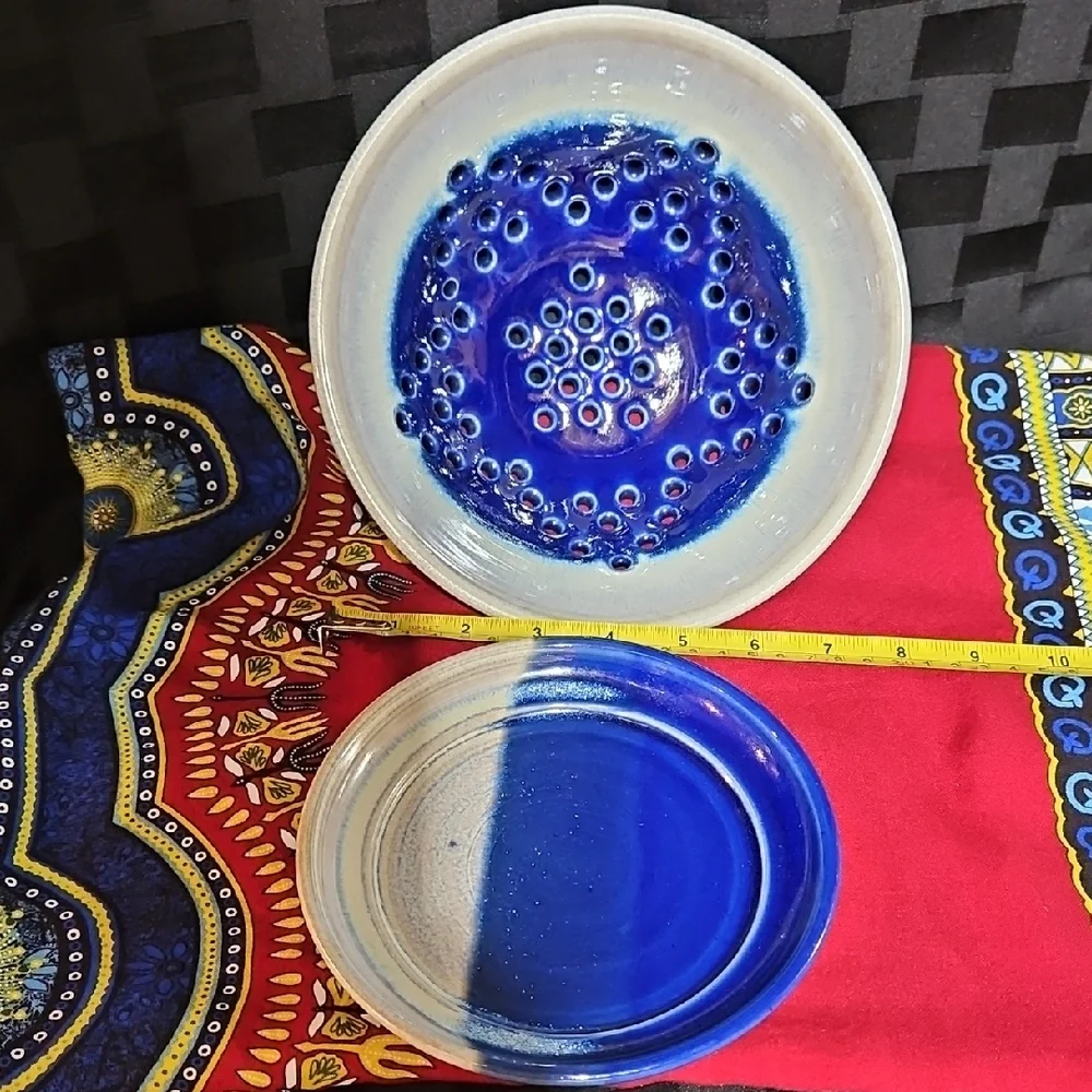 Handmade/Signed Ceramic Berry Bowl & Underplate w/Vibrant Blue Speckled Glaze